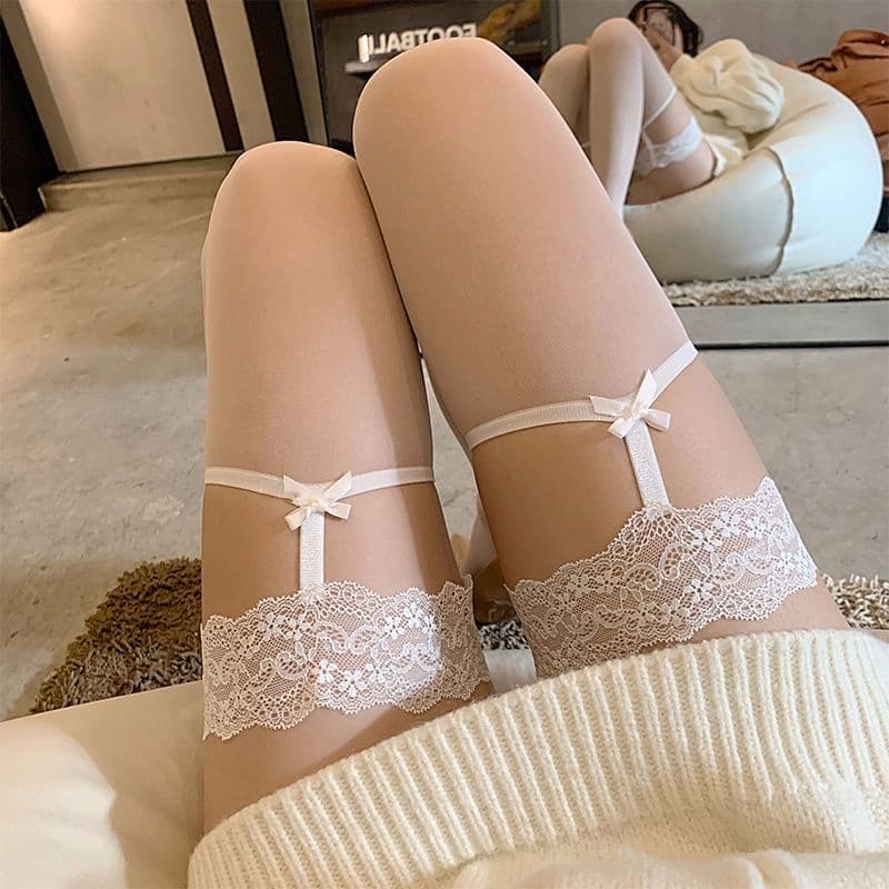 Sexy Internet-famous Thin Skin-transparent Stockings Bow Sling White Pure Desire Thigh Stockings Spring and Summer Lace