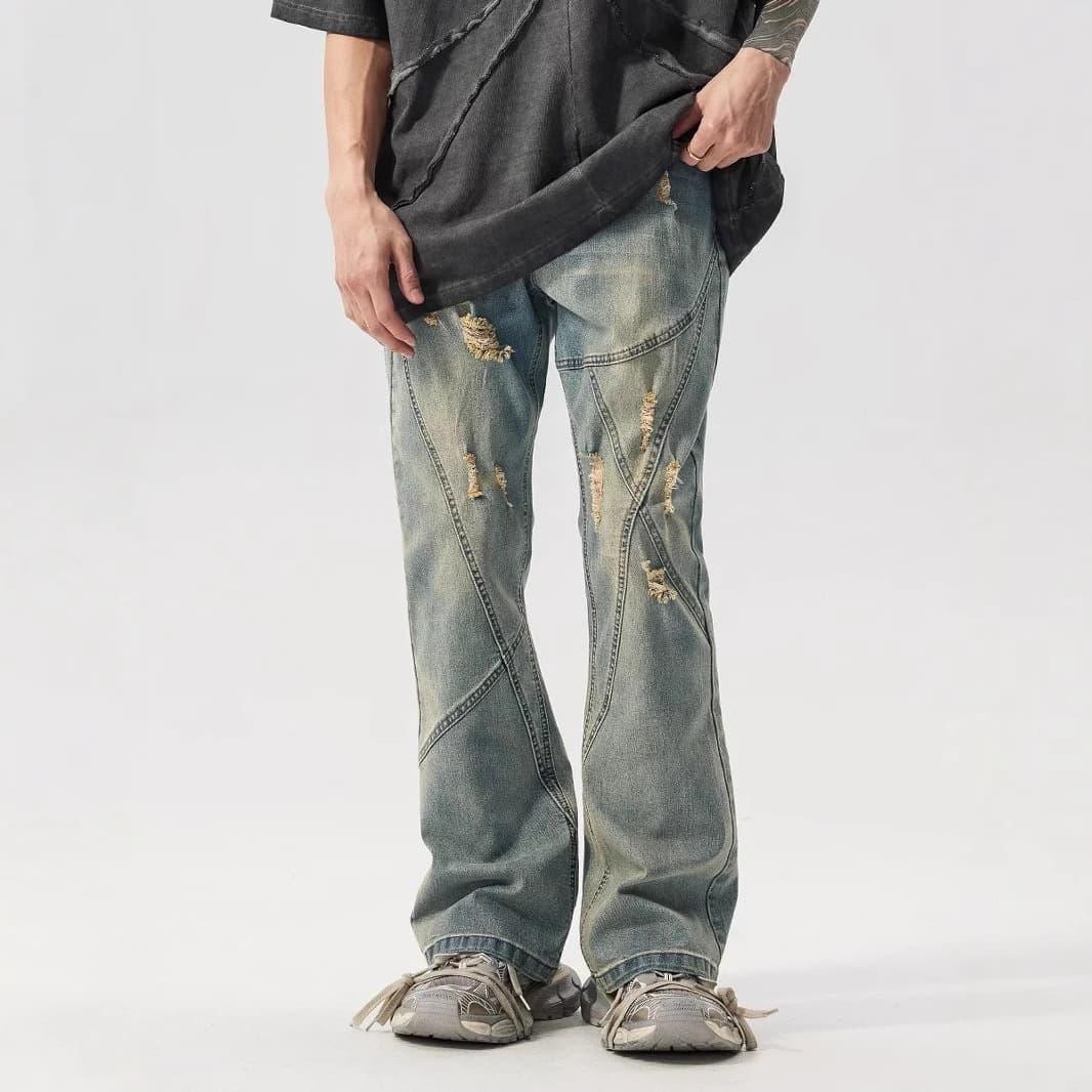 Streetwear Vintage Washed Distressed Patchwork Jeans For Men - Loose Fit Straight Leg Retro Denim Pants With Urban Vibe