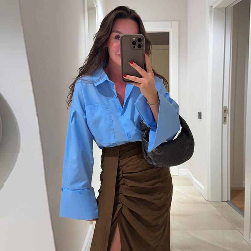 Women's Clothing Summer New Sweet Fresh Loose Plus Size Lapel Long Sleeve Patch Pocket Shirt Women's Top