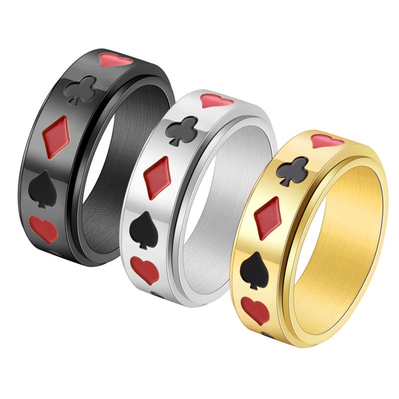 Men's Jewelry Fashion Titanium Steel Playing Card Rotatable Ring Personality Black And Red Plum Square Transfer Ring Jewelry