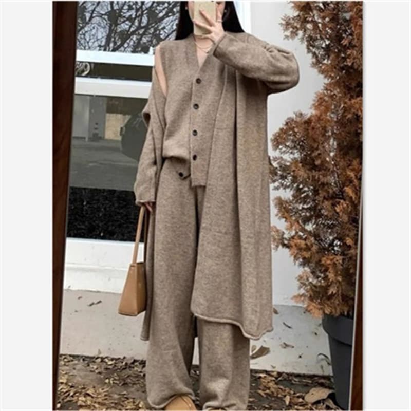 Women's Clothing Popular New Autumn And Winter Leisure Fashion Long Sleeved Knitted Long Cardigan Inner Vest High Waist Pants Three Piece Suit