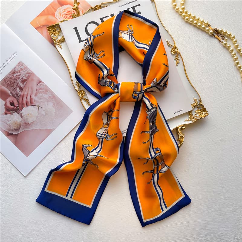 Love Horse Orange Silk Scarf Women's Narrow Long Scarf Streamer Tie Hair Simulated Silk Scarf Decorative Scarf Western Style Silk Scarf