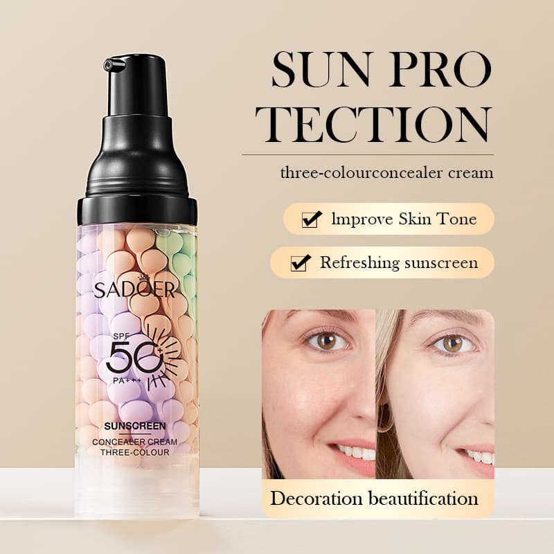 SADOER tricolor sunscreen for even skin tone, pre makeup primer, protection, and isolation cream