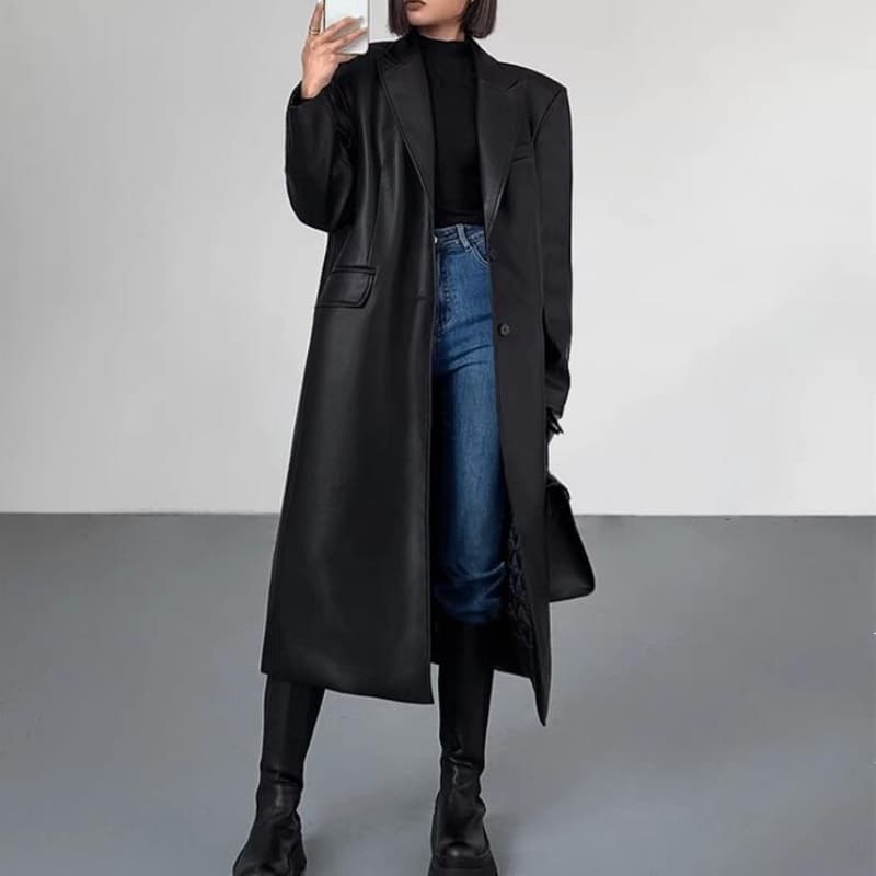 Women's Fashion Over The Knee Pu Leather Suit Jacket Casual Coat
