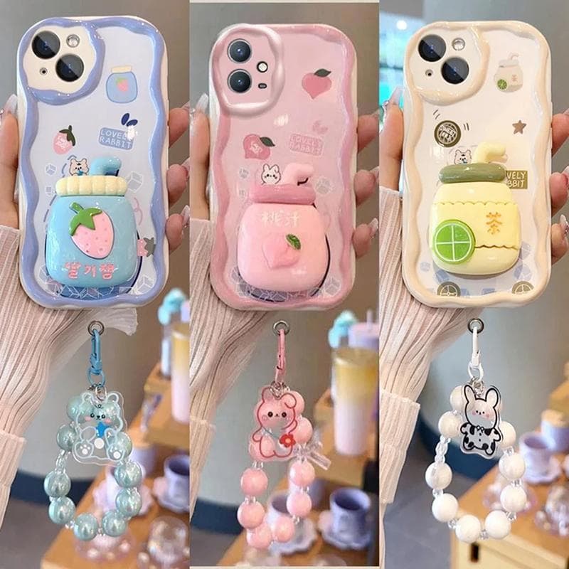 3D Pink Peach Holder Stand Bracelet Chain Case for Samsung Galaxy A34 A55 S24 Ultra S22 S23 Plus A13 A54 A53 Cover Soft