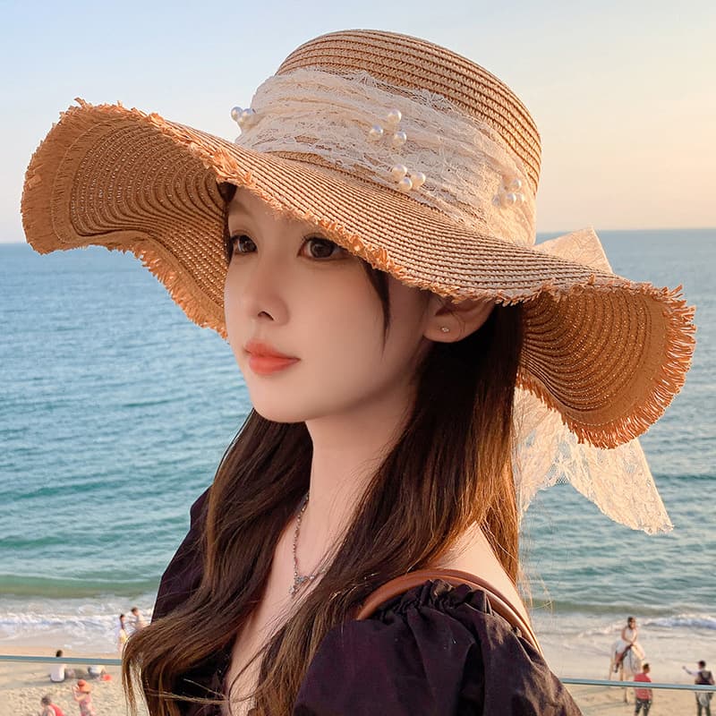 Unisex Sweet big bow sunshade straw hat women fashion temperament large brim sun hat outdoor sunscreen hat
