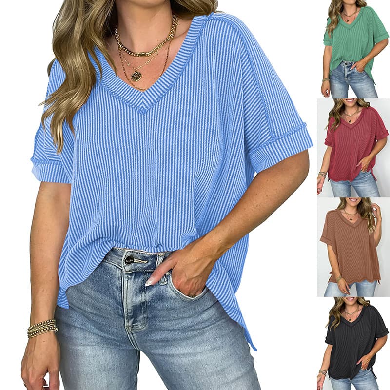 Women's Clothing New Twisted Stripe V Neck Bat Sleeve Splicing Slit Pullover T Shirt For Women