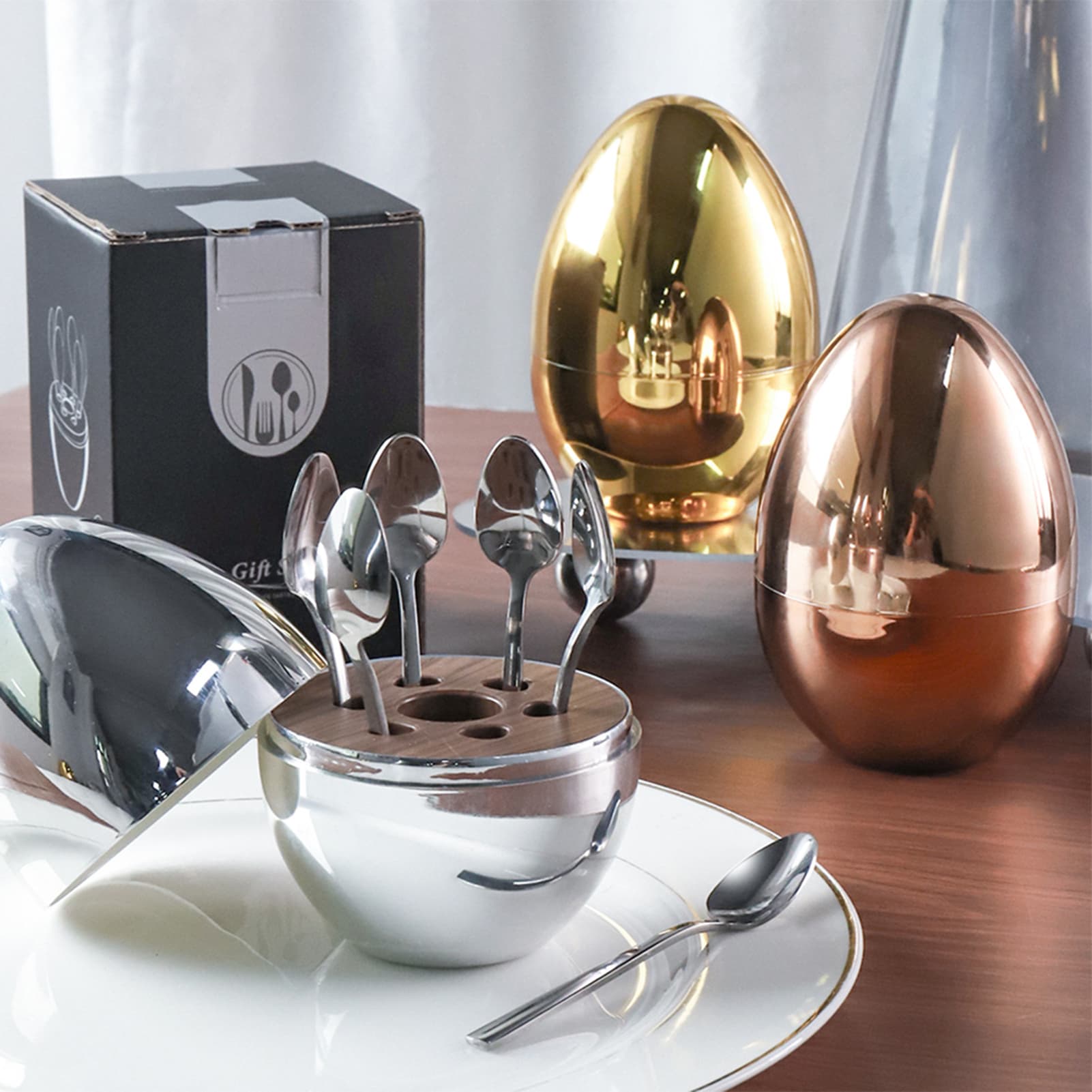 greenhome 1 Set Spoon Set Light Luxury Stainless Steel Egg Shaped Spoon Tableware Rack Kit Home Supplies