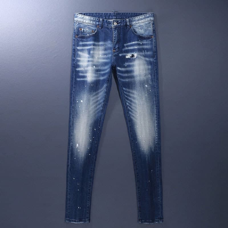 Men's Clothing Men's Jeans Old Blue Washed Hole Patch Paint Trendy Brand Slim Fit Skinny Pants Men