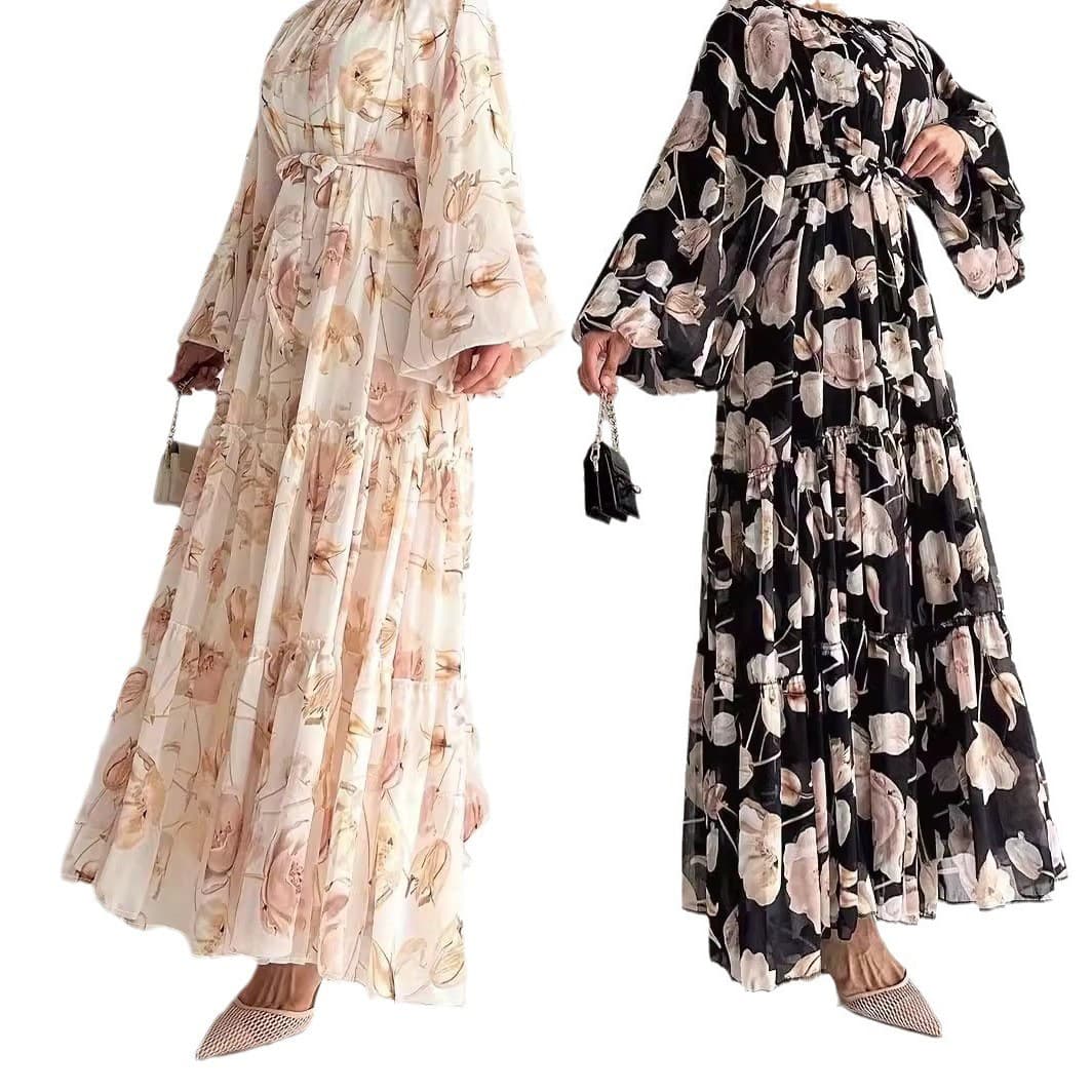 Women's Clothing Muslim women's clothing new chiffon flower print long fashionable and elegant dress