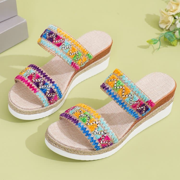 Women’s Shoes New Rope Woven Edge Wedge Slippers For Women Thick Bottom One Word Strap