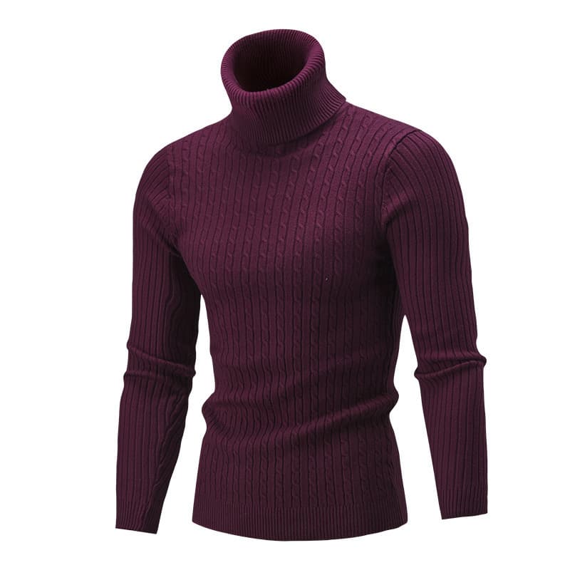 Pull en tricot pour homme, col montant, torsadé, couleur unie, décontracté, chaud, col roulé, hiver