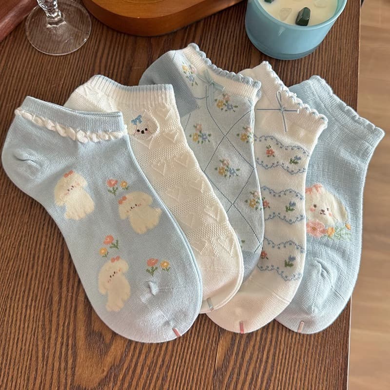 Cute Little Dog For Children In Summer, Thin Short Socks With Low Cut Shallow Mouth, Lace Bow, Boneless Not Falling Off,
