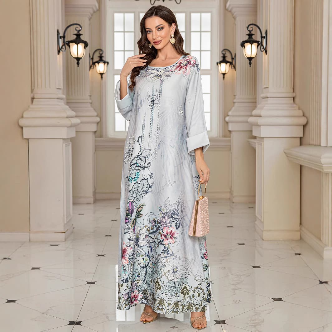 Women's Clothing Muslim Robe Printed Beaded Diamond Long Skirt Dress