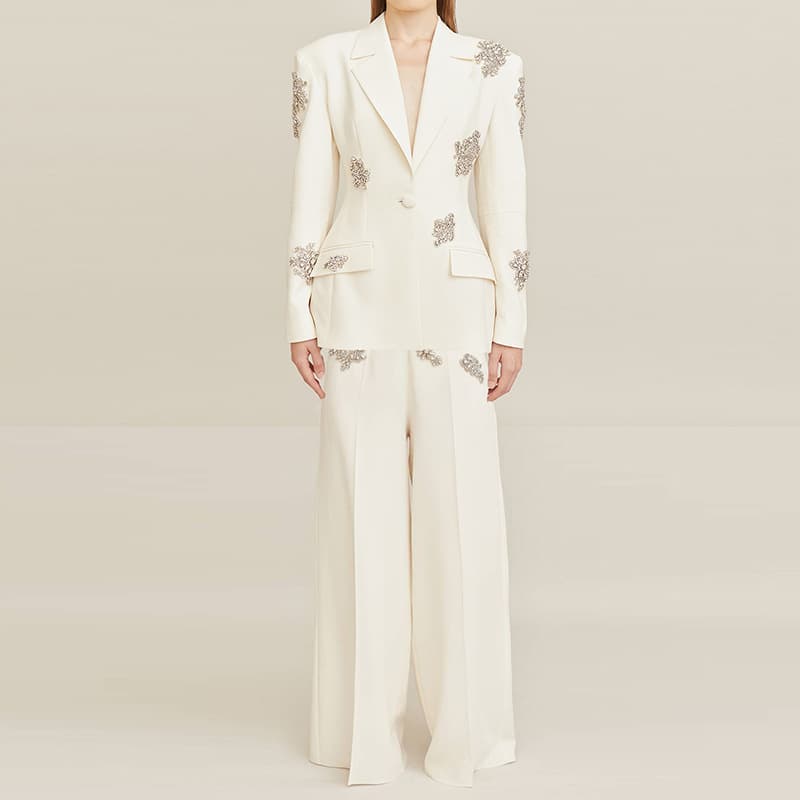 Women's Clothing fashion new heavy beaded diamond one button suit jacket wide leg pants suit two pieces