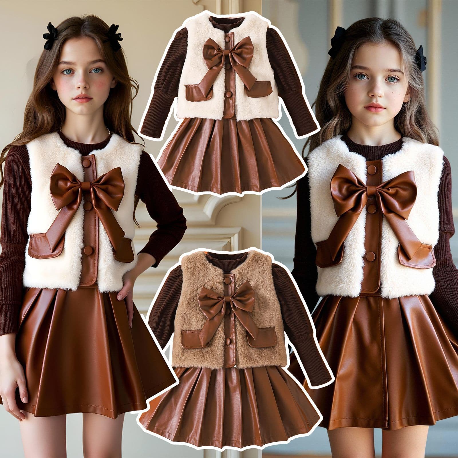 2025 Hot Style European And American Cross Border Winter Girls Suit Long Sleeve Top With Furry Vest Pleated Leather Skirt Three Piece Set