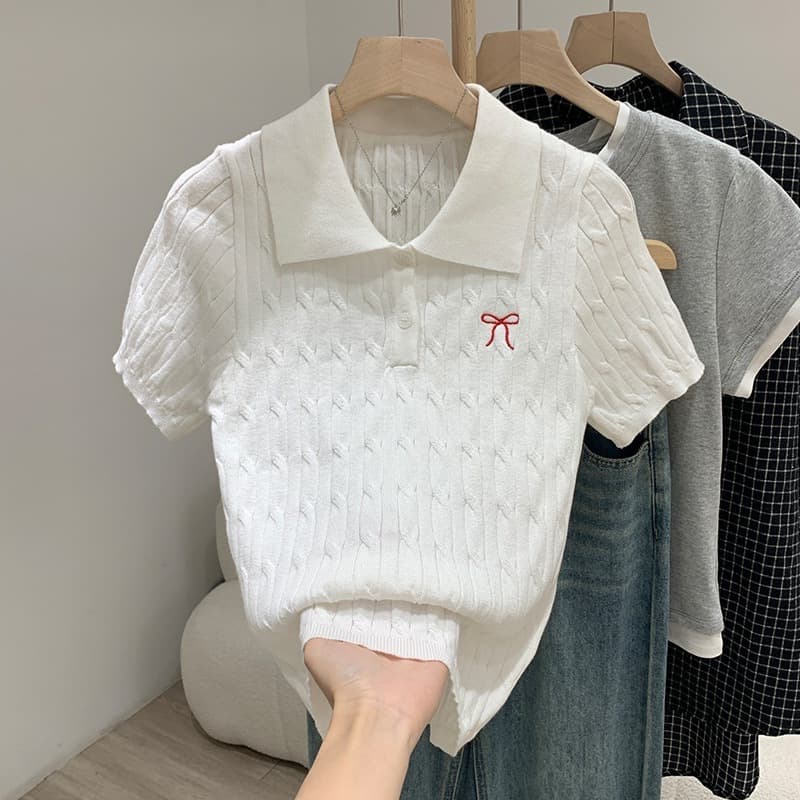 Women's Polo Collar Knit Top Short Sleeve Cropped Shirt Bow Embroidery Button Detail