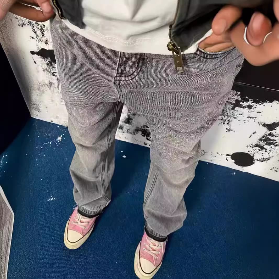Men's Clothing Version Of The Washed Hem Tassel Slightly Flared Grey Jeans Retro High Street Vibe Style Men's Trend