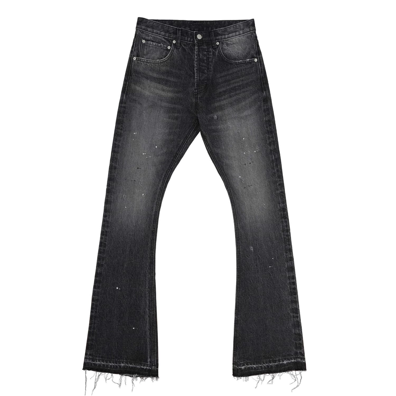 ​​High Street Distressed Bootcut Jeans – Acid Wash Splatter Paint & Fringe Hem (S-3XL, Raw Edge Destroyed Denim, Unisex Streetwear)​
