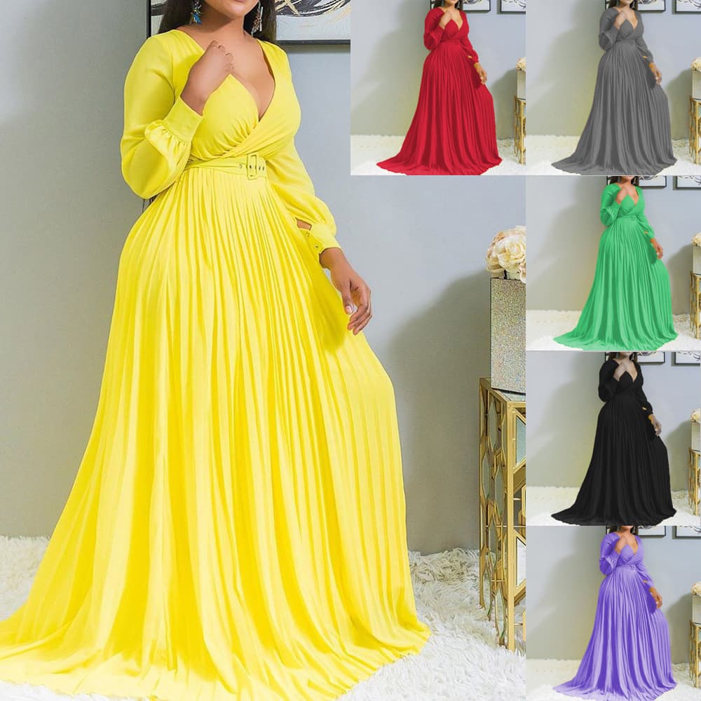 Women's Clothing yellow high waist slim solid color temperament retro chiffon long sleeve long dress