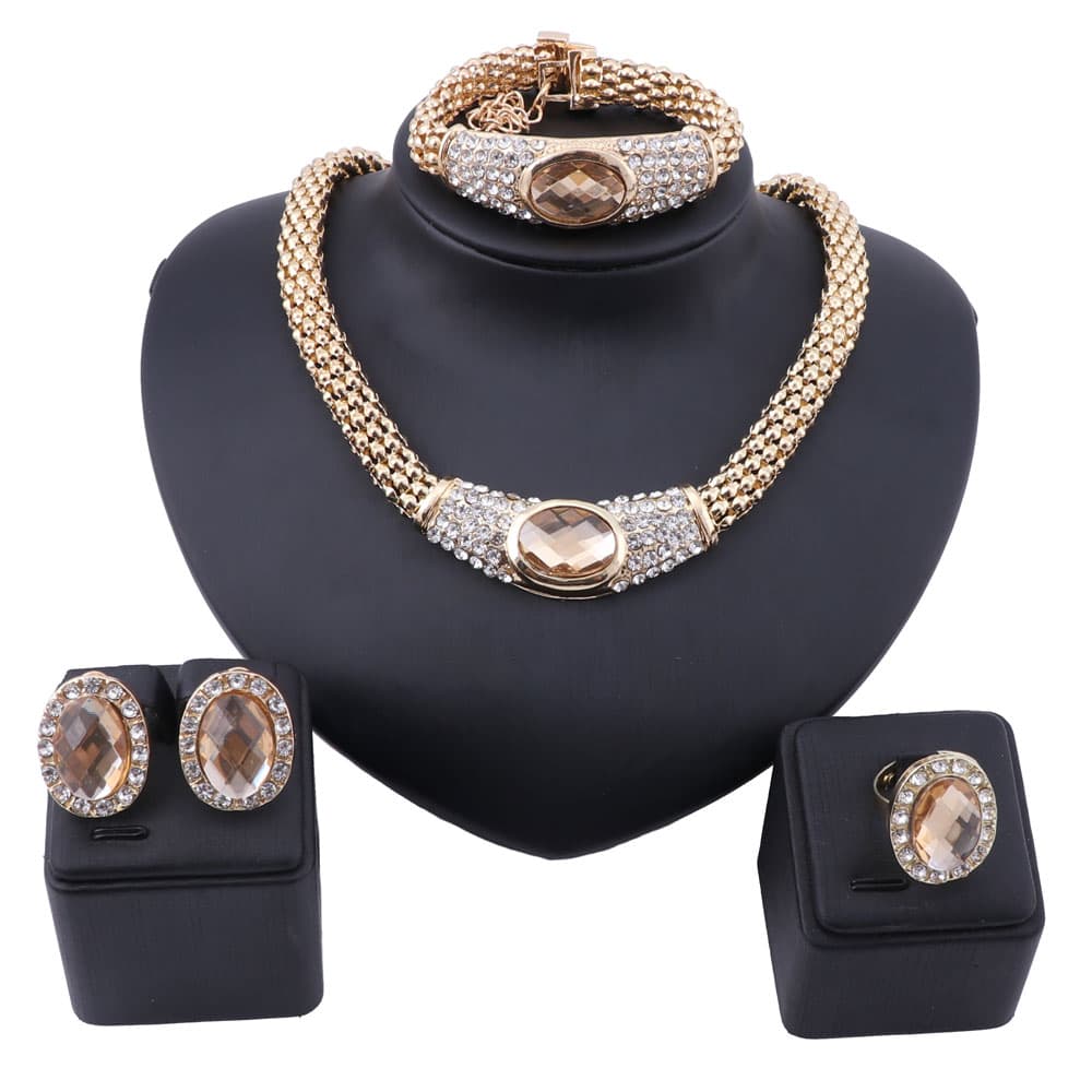 Women Gold Color Chain Choker Crystal Necklace Earring Bracelet Ring Bridal Christmas Gift Costume Jewelry Set