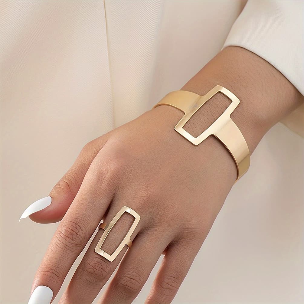 2025 Autumn Alloy Design Women's Open Bracelet Ring Set Simple Geometric Elegant Jewelry