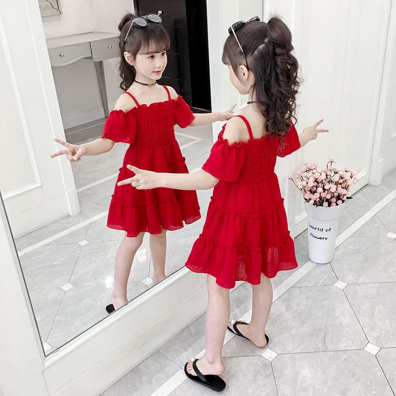 Mother & Kids 2024 new summer off-shoulder chiffon solid color girls dress 3-5-7-8 years old 6 little girl princess dress Western style