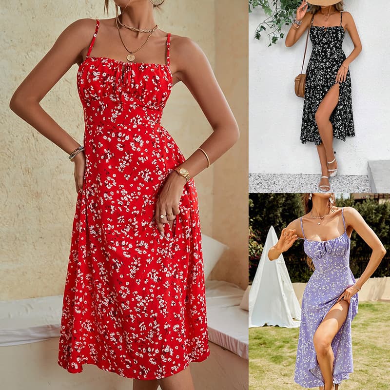 Women's Clothing Summer Sexy Suspender Print Bottom Slit Dress