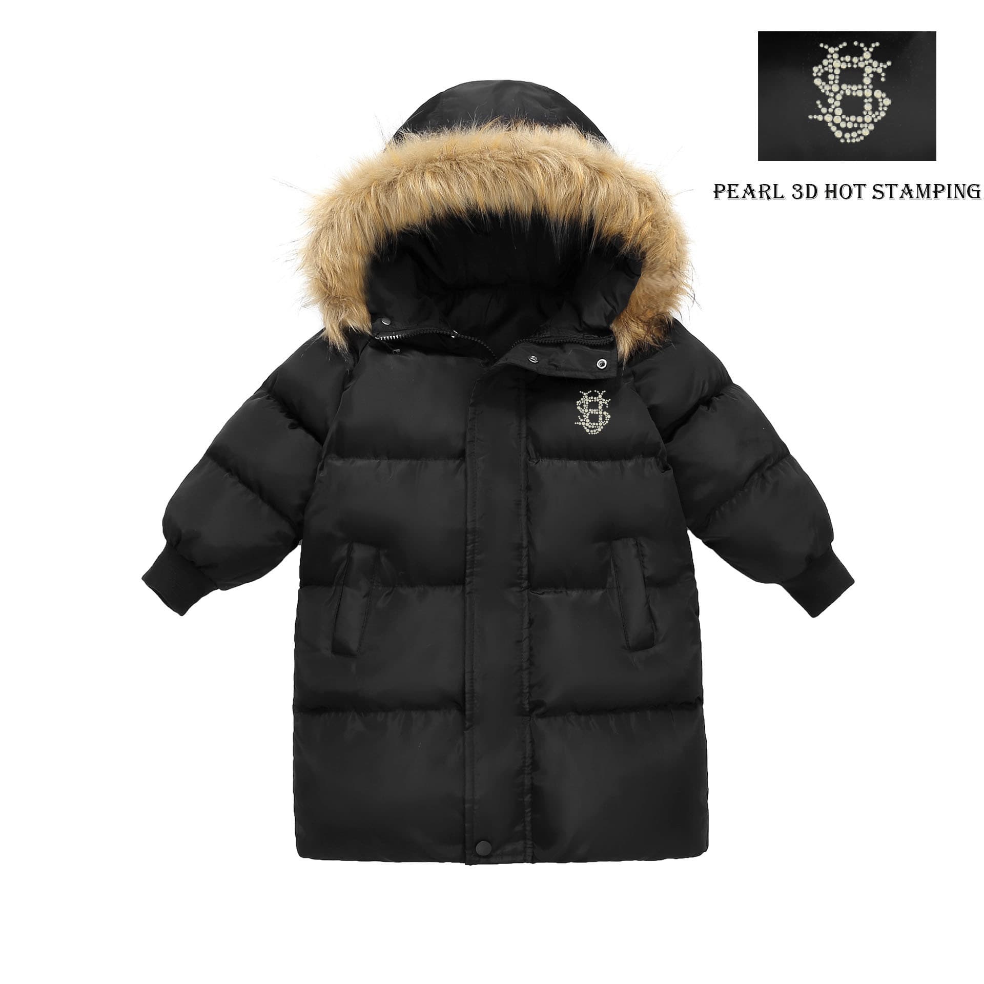 Mother & Kids Boys And Girls Mid Length Thick Winter Fur Collar Hooded Jacket Pearl US Autumn And Winter New Children's Clothing
