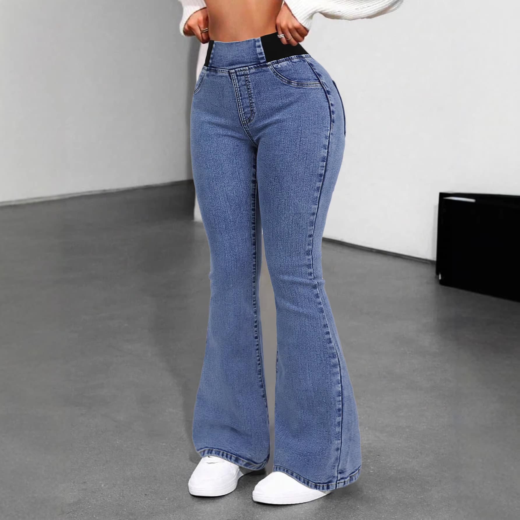 Women's Clothing Y2K High Elastic Flared Jeans, Solid Color Denim Jeans, Street Style, Pockets, Slim Fit, Commuter Trousers, Sexy Women's Pants.