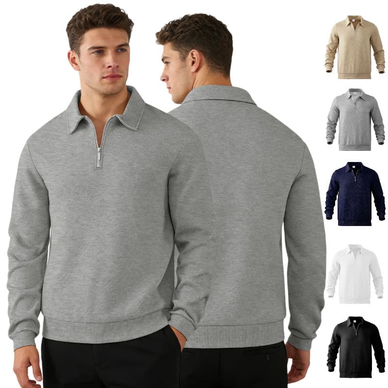 Men's Premium Jacquard Polo Shirt - Long Sleeve Button-Down Collar Sweatshirt For Spring & Autumn, Comfortable & Stylish
