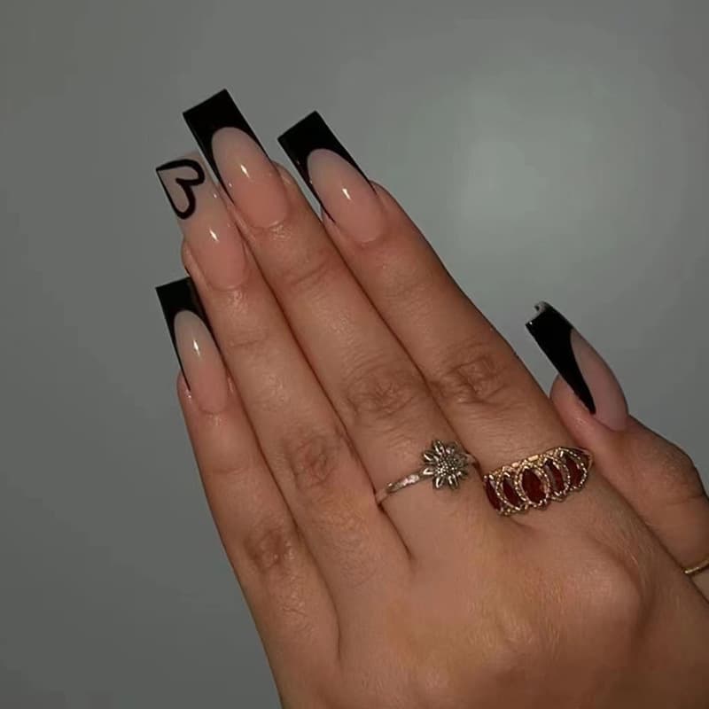 Sweet and Cool False Nails, Black French Simple Love Long Ballet Tablets, 24 Valentine's Day Nail Tablets