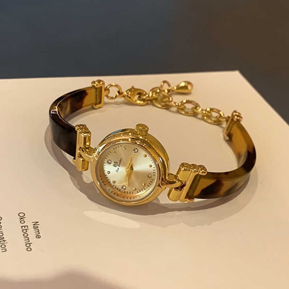 Women's Wristwatch Elegant Tortoiseshell Amber Fashion Vintage Golden Bracelet Chain Quartz Watch Women Gift