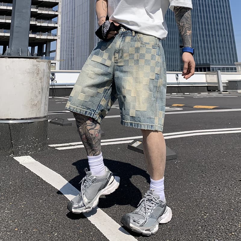 Men's Clothing High Street Plaid Denim Shorts Trend Retro Loose Straight Jacquard Five Point Pants
