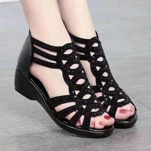 Fish Mouth 2025 Summer Woven Bag Mom Shoes Roman Style Outdoor Sandals Slope Heel For Women