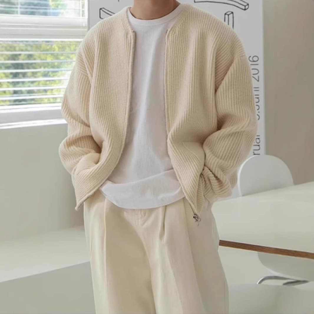 Fashionable knitted cardigan men's round neck autumn and winter new style loose and trendy solid color zipper sweater jacket