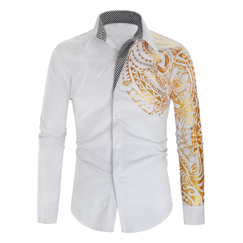 Fashionable Gilded Printed Shirt, European Size Slim Fit Lapel, 2023 New Men's Long Sleeved Shirt