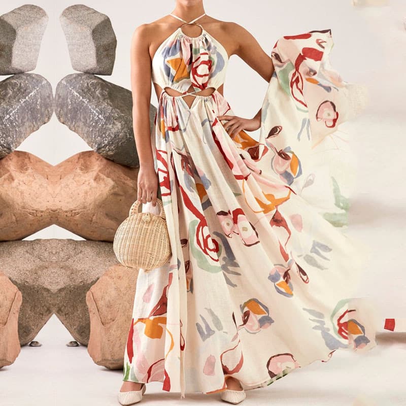 Women's New Slim Swing Suspender Splicing Printed Long Skirt Beach Dress
