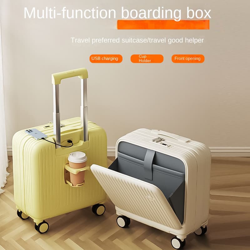 18/20 Inch Cabin Suitcase Front Opening Silent Wheel Trolley Case With Cup Holder Lightweight Luggage
