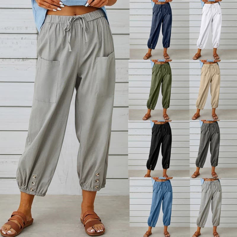 Women's high-waist buttoned cotton pants cropped pants wide-leg women's pants