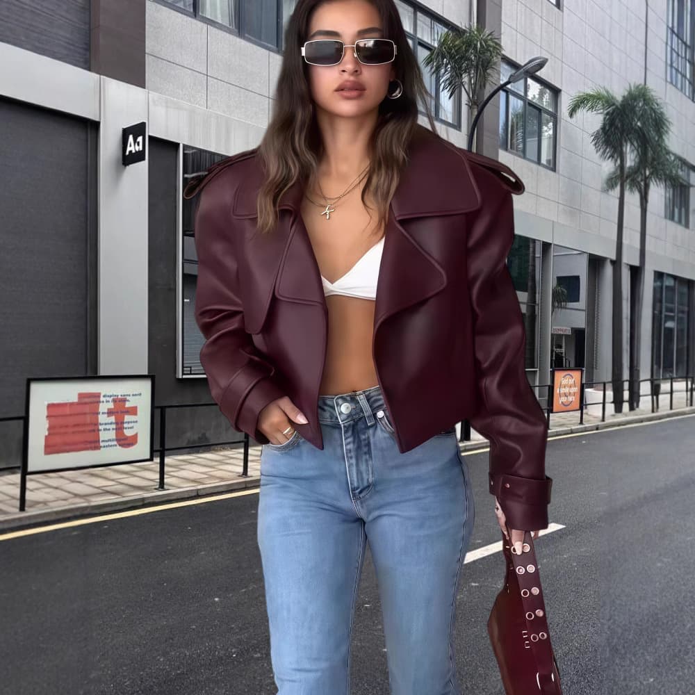 Women's Clothing Vintage PU Leather Biker Jacket For Women - Adjustable Cuffs, Stand Collar, Stylish Streetwear Outerwear (Burgundy/Black)​