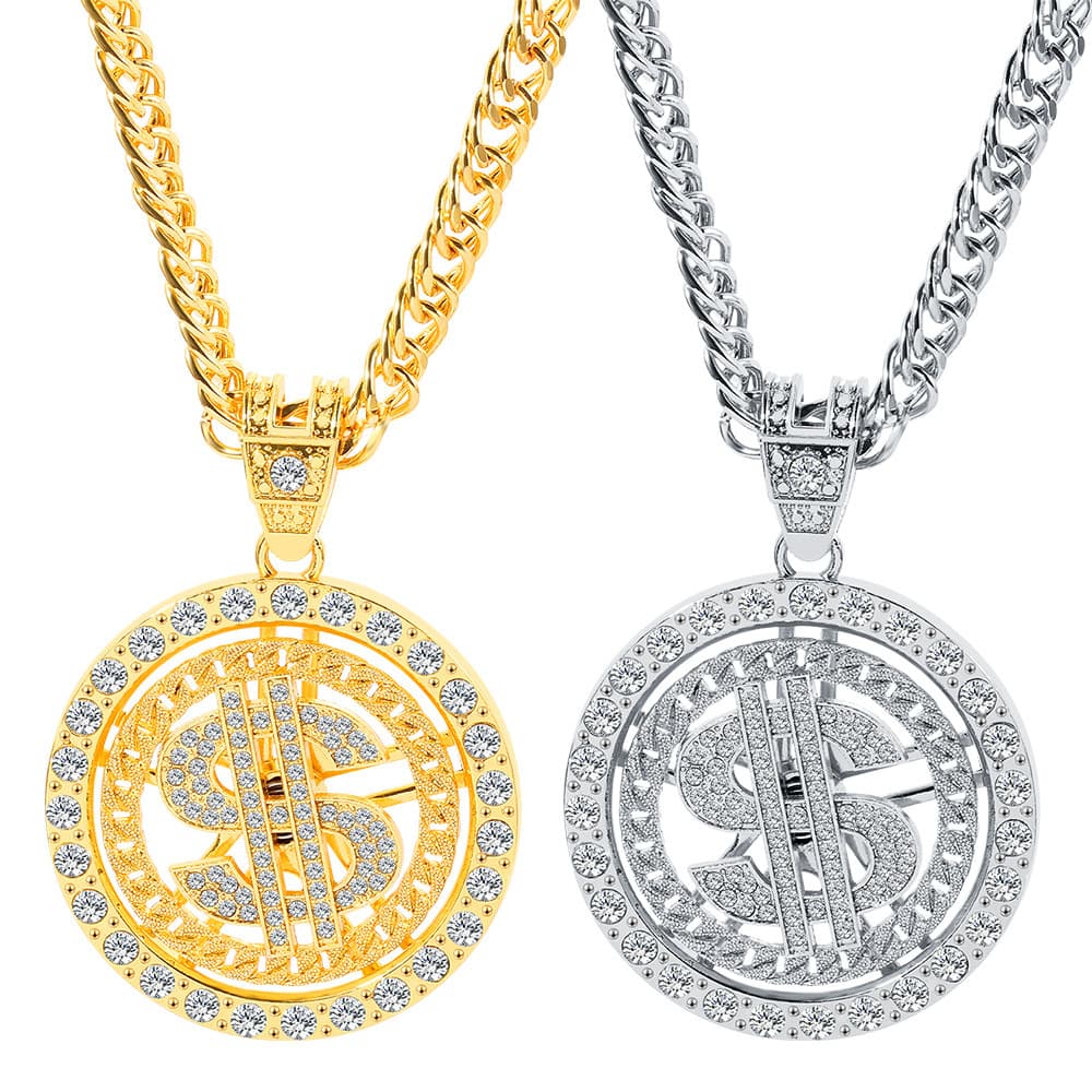 Hot selling US dollar necklace hip hop personality trend necklace, diamond studded US dollar rotating pendant necklace