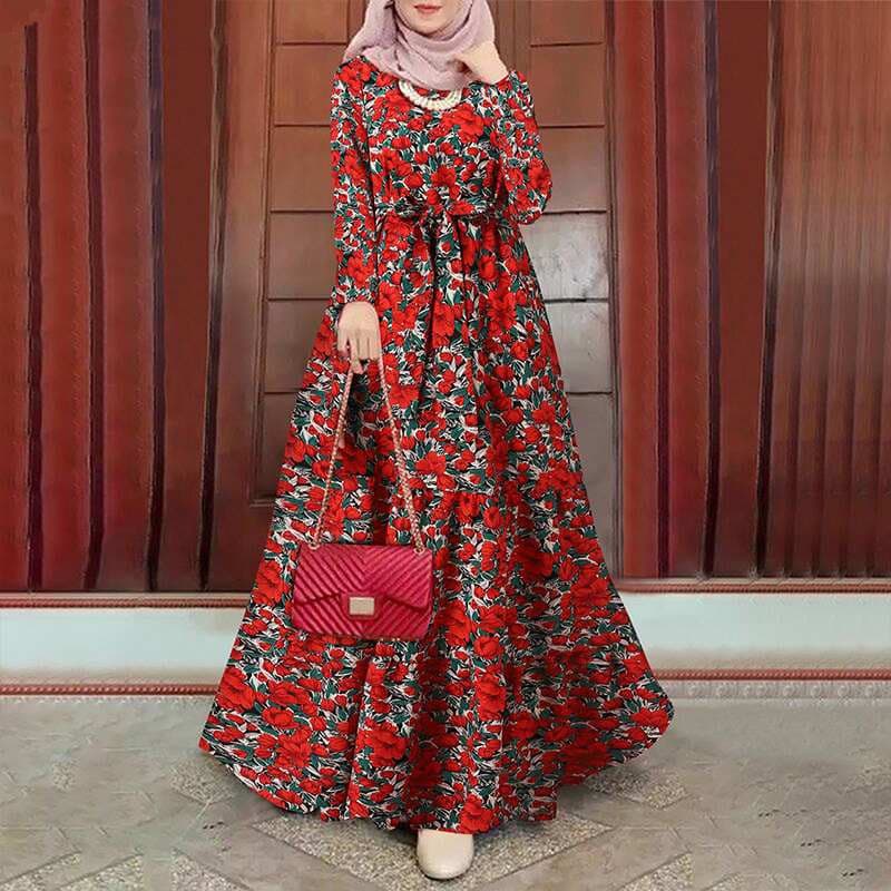Women's dress printed sundress long-sleeved robe belt