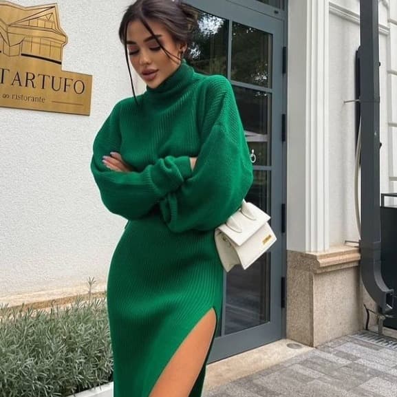 Women's hot-selling autumn and winter new styles, high-necked loose pullover tops, slit sexy long skirts, two-piece set