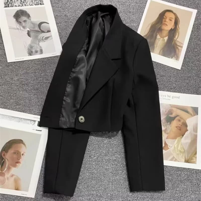 Black Cropped Blazers Woman Trend 2025 New Allmatch Notched Collar Crop Jacket Women Korean Chic Single Button Suit Coat