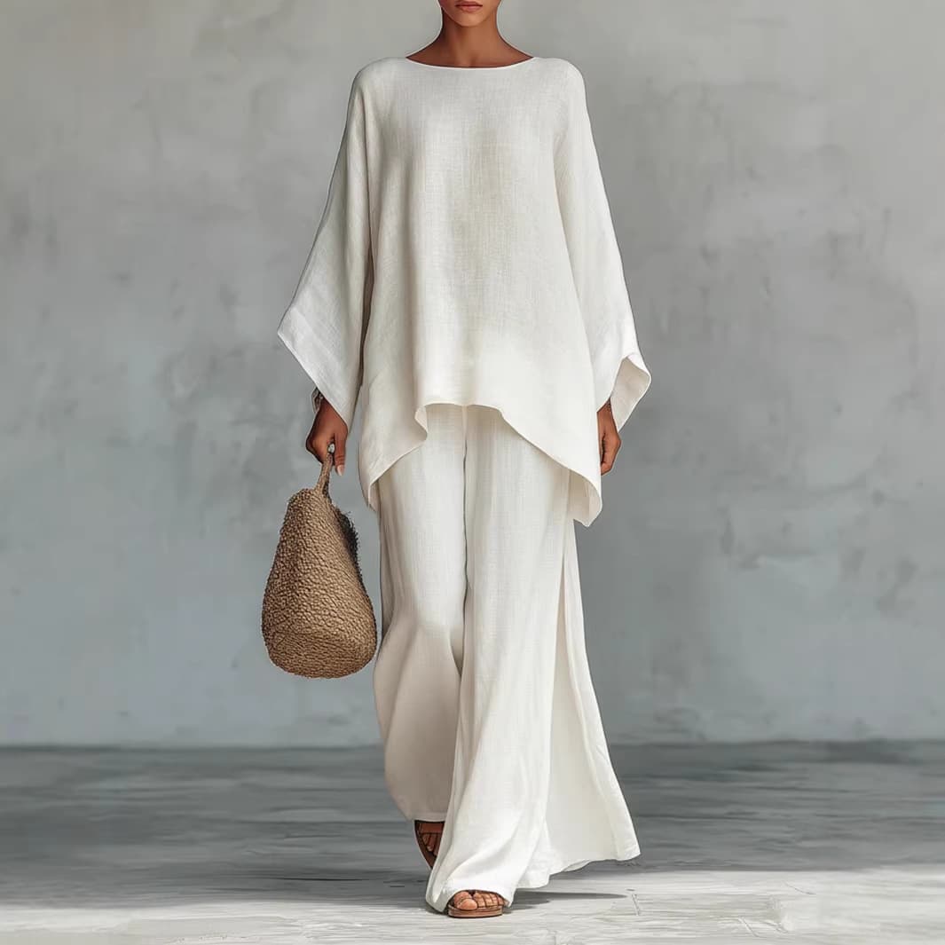 Women's Linen Blend Shirt And Wide Leg Pants Set - Casual Fashion mid Waist Full Length Summer Spring/Autumn Suit