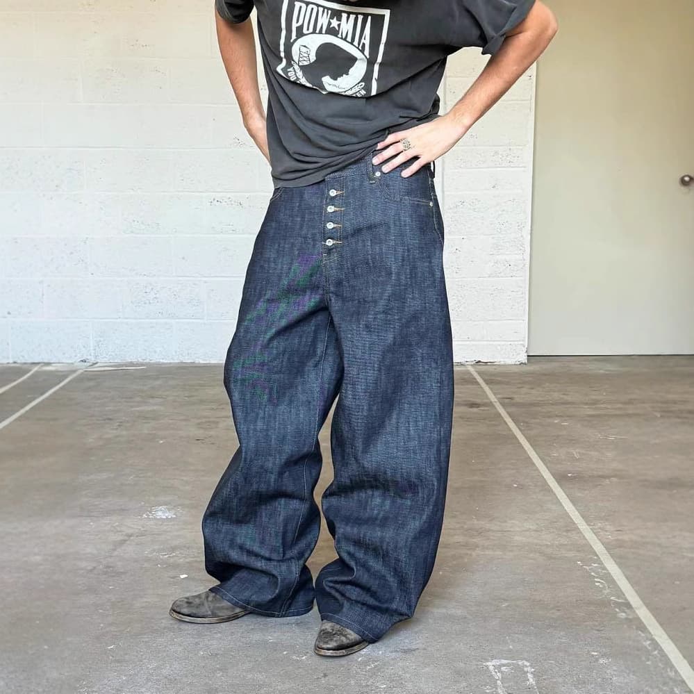 Retro Loose Jeans Men Baggy Street Fashion High Waist Button Casual Straight Trousers Wholesale