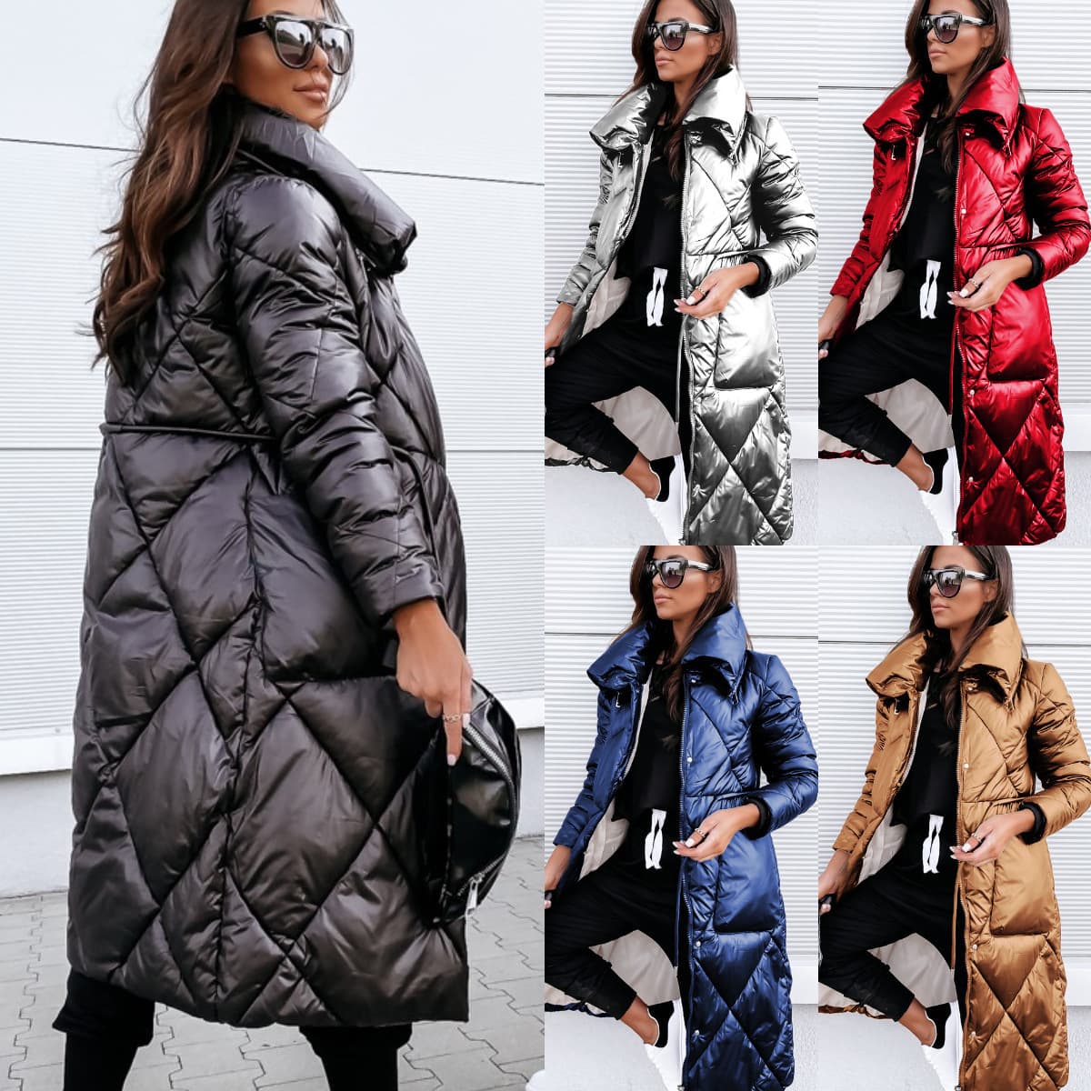 Women's Fashionable Glossy Lapel Zipper Long Cotton Jacket