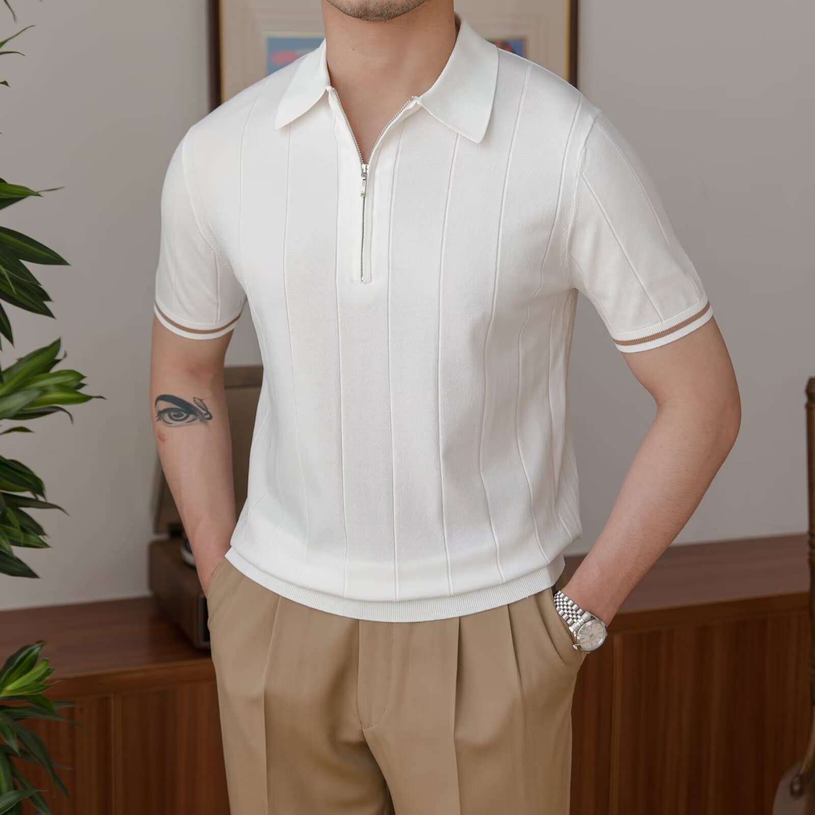 Men's Short Sleeve Polo Shirts Turn Down Collar Trendy Summer Style Korean Fashion New Versatile Knit Half Zip Top