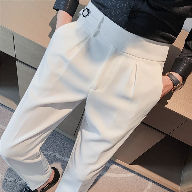 Autumn new men's casual trousers Internet celebrity Neapolitan trousers personalized belt decoration thin trousers men